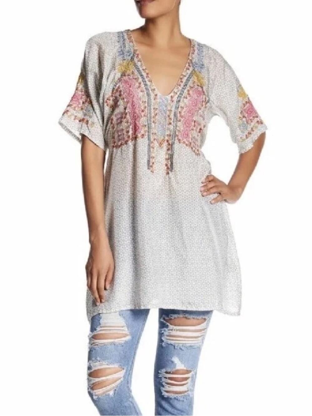 Johnny Was $298 Fleigo Elbow Sleeve Silk Tunic Top Blouse